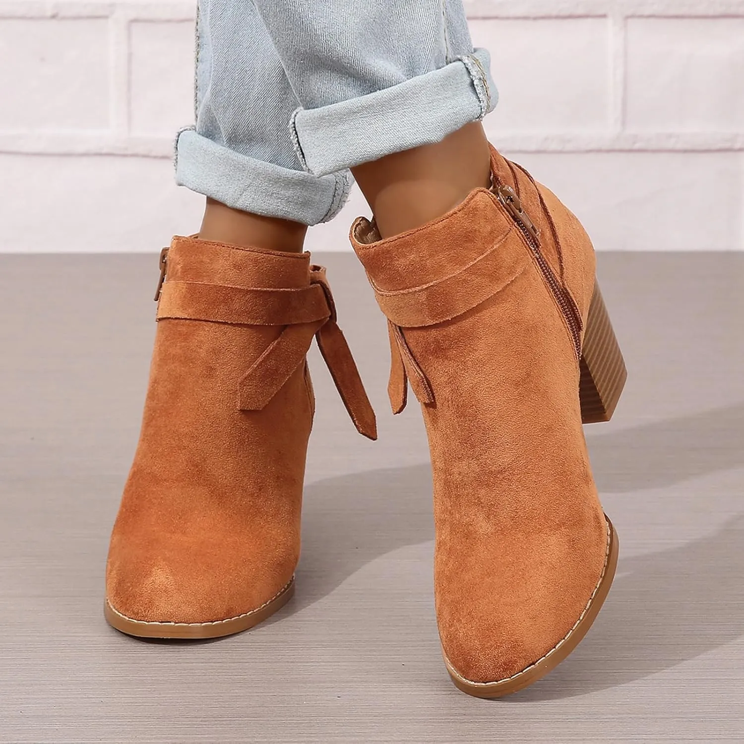 SACFOF Women's Tie Knot Chelsea Pump Ankle Boots Faux Suede Closed Toe Stacked Heel Booties Side Zipper Western Shoes