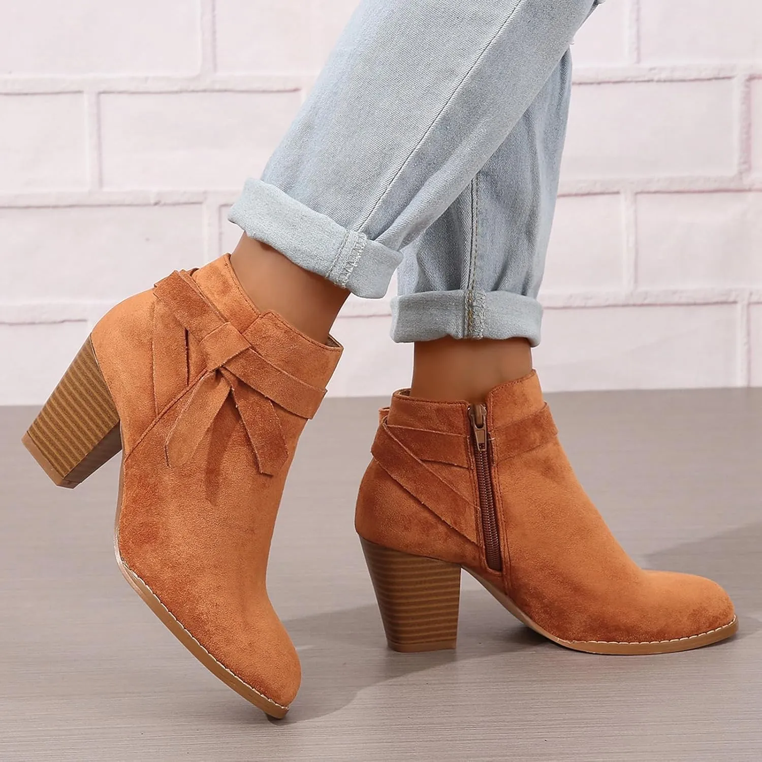 SACFOF Women's Tie Knot Chelsea Pump Ankle Boots Faux Suede Closed Toe Stacked Heel Booties Side Zipper Western Shoes