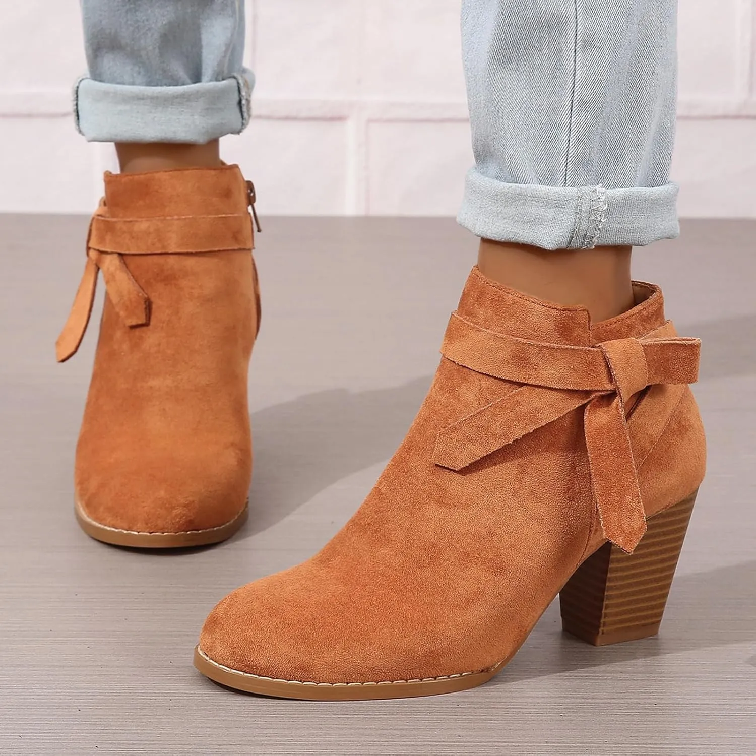 SACFOF Women's Tie Knot Chelsea Pump Ankle Boots Faux Suede Closed Toe Stacked Heel Booties Side Zipper Western Shoes
