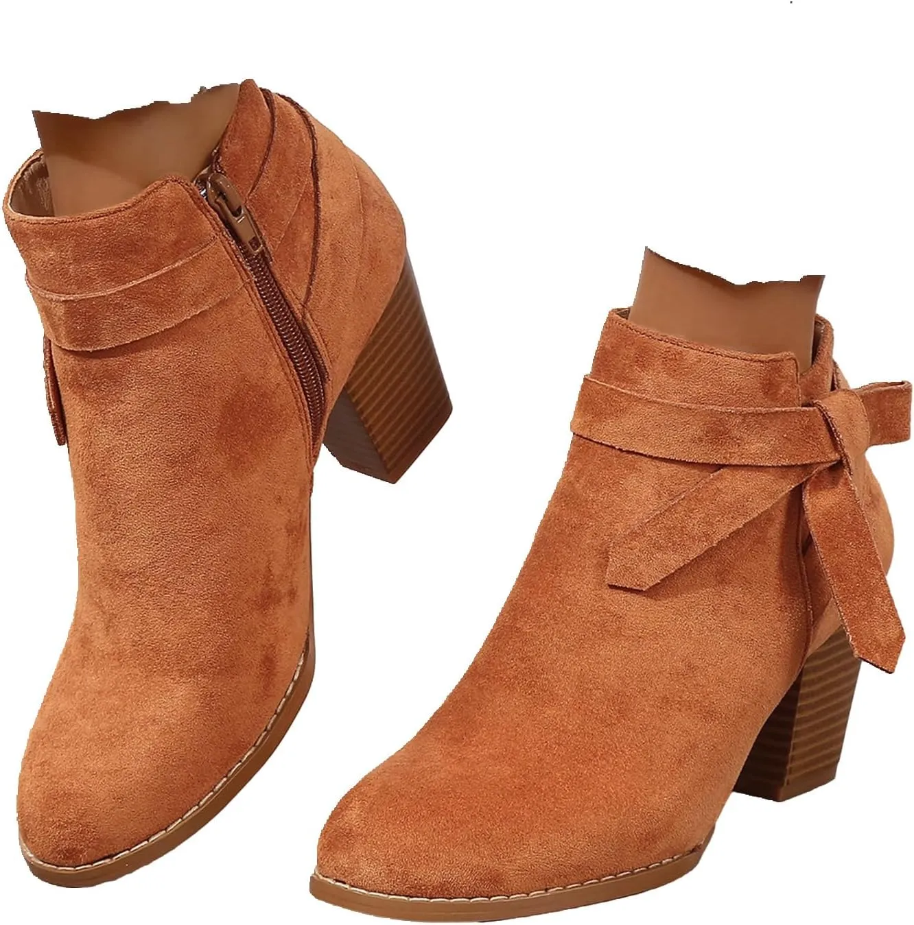 SACFOF Women's Tie Knot Chelsea Pump Ankle Boots Faux Suede Closed Toe Stacked Heel Booties Side Zipper Western Shoes