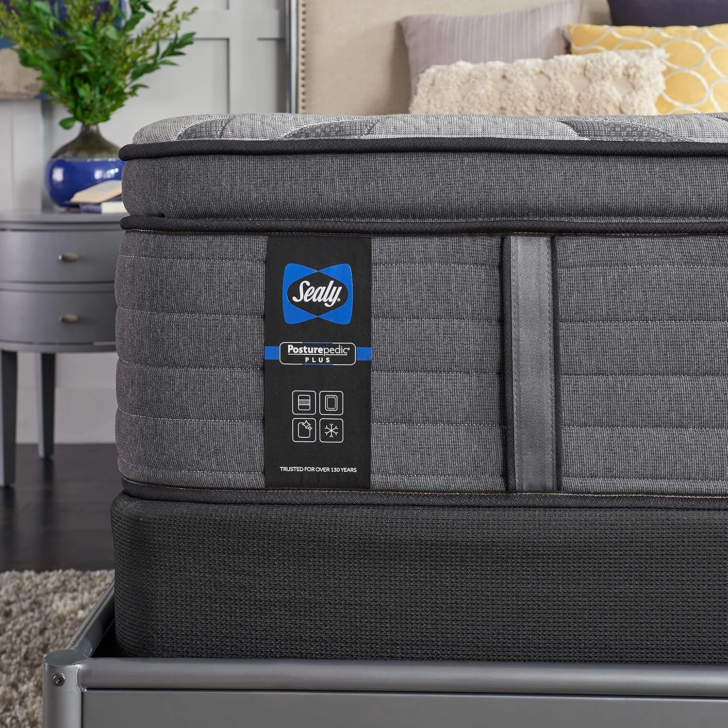 Sealy Posturepedic Plus, Euro Pillow Top 14 Medium Mattress with Surface-Guard and 5-Inch Foundation, Full, Grey