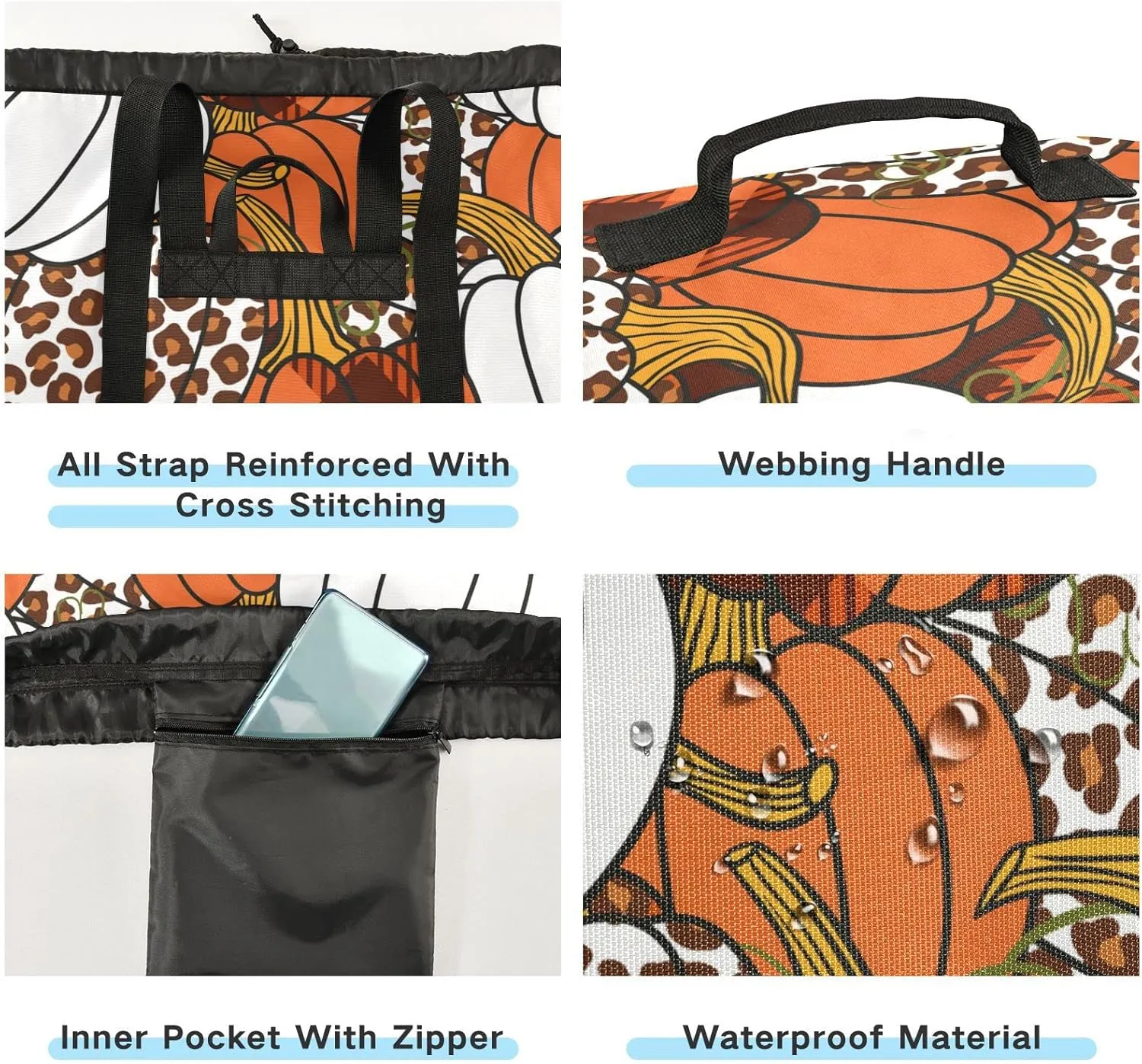 Seamless Leopard, Orange, White Buffalo Plaid Pumpkins Thanksgiving Backpack Laundry Bag, Laundry Backpack with Shoulder Straps, Waterproof Nylon Clothes Hamper Bag for Men Women Yoga Backpack