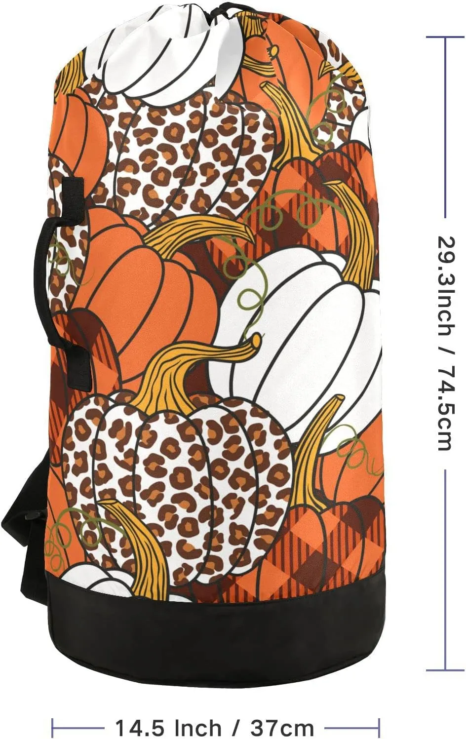 Seamless Leopard, Orange, White Buffalo Plaid Pumpkins Thanksgiving Backpack Laundry Bag, Laundry Backpack with Shoulder Straps, Waterproof Nylon Clothes Hamper Bag for Men Women Yoga Backpack