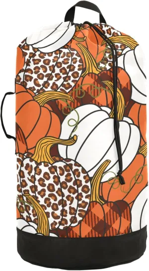 Seamless Leopard, Orange, White Buffalo Plaid Pumpkins Thanksgiving Backpack Laundry Bag, Laundry Backpack with Shoulder Straps, Waterproof Nylon Clothes Hamper Bag for Men Women Yoga Backpack