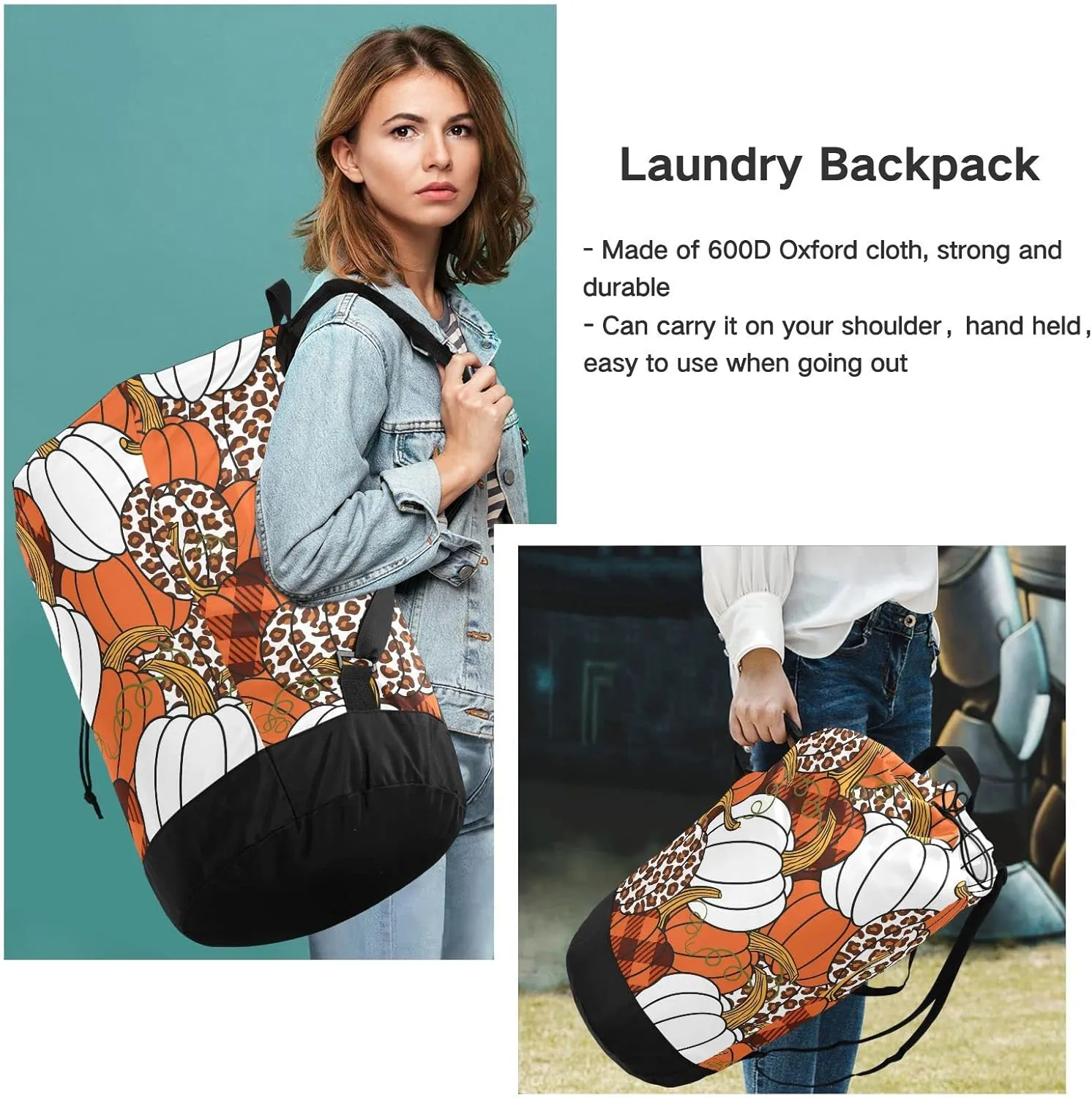 Seamless Leopard, Orange, White Buffalo Plaid Pumpkins Thanksgiving Backpack Laundry Bag, Laundry Backpack with Shoulder Straps, Waterproof Nylon Clothes Hamper Bag for Men Women Yoga Backpack
