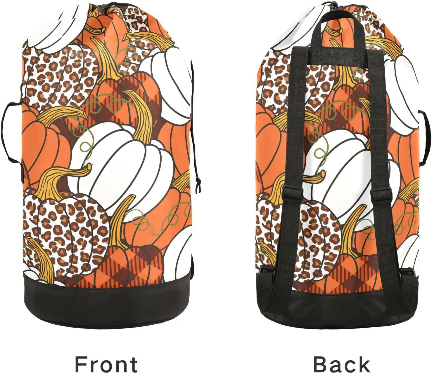 Seamless Leopard, Orange, White Buffalo Plaid Pumpkins Thanksgiving Backpack Laundry Bag, Laundry Backpack with Shoulder Straps, Waterproof Nylon Clothes Hamper Bag for Men Women Yoga Backpack