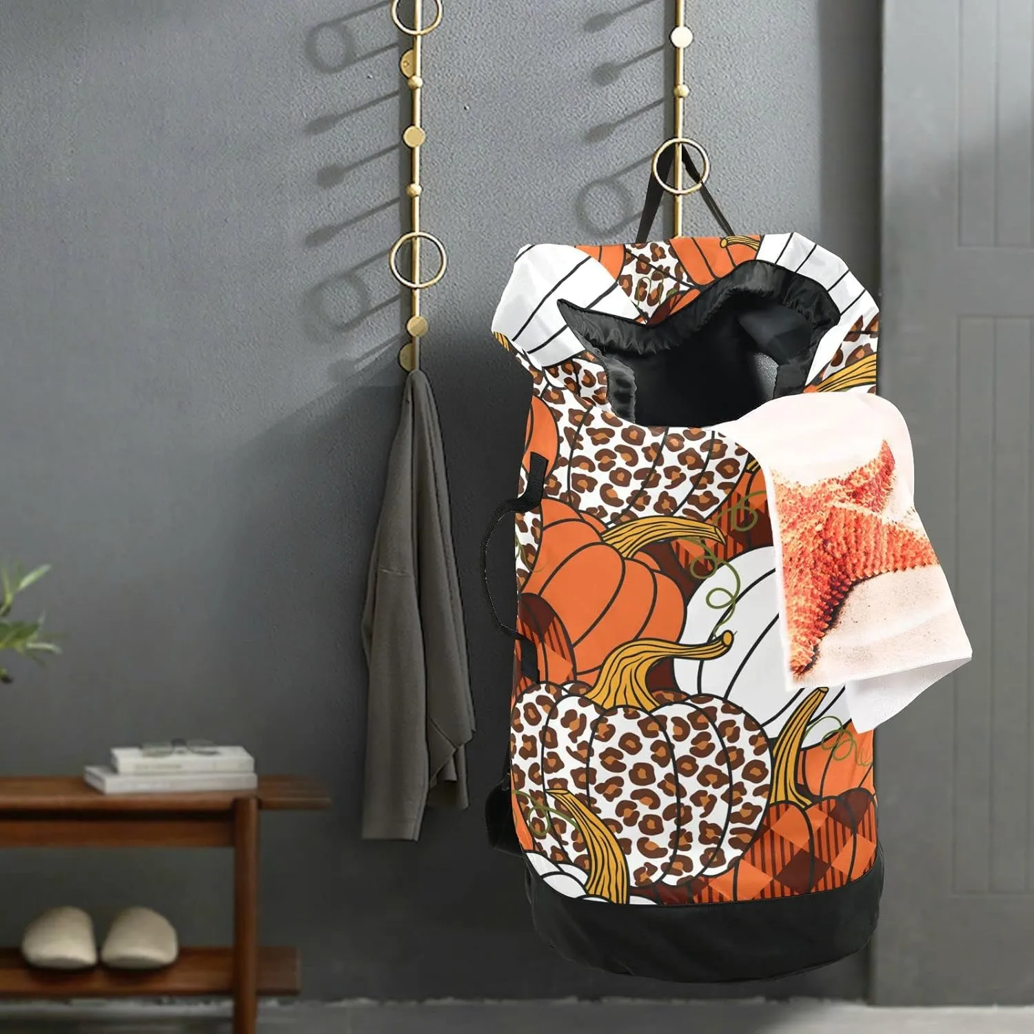 Seamless Leopard, Orange, White Buffalo Plaid Pumpkins Thanksgiving Backpack Laundry Bag, Laundry Backpack with Shoulder Straps, Waterproof Nylon Clothes Hamper Bag for Men Women Yoga Backpack