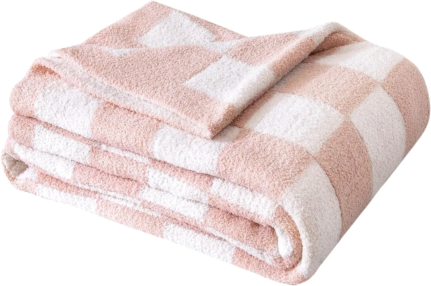 SeaRoomy Checkered Throw Blanket, Ultra Soft Microfiber Knit Throw Blanket, Cozy Fluffy Fuzzy Reversible Checkerboard Pink Blanket for Couch Sofa Bed Decor(Light Pink, 51"63")