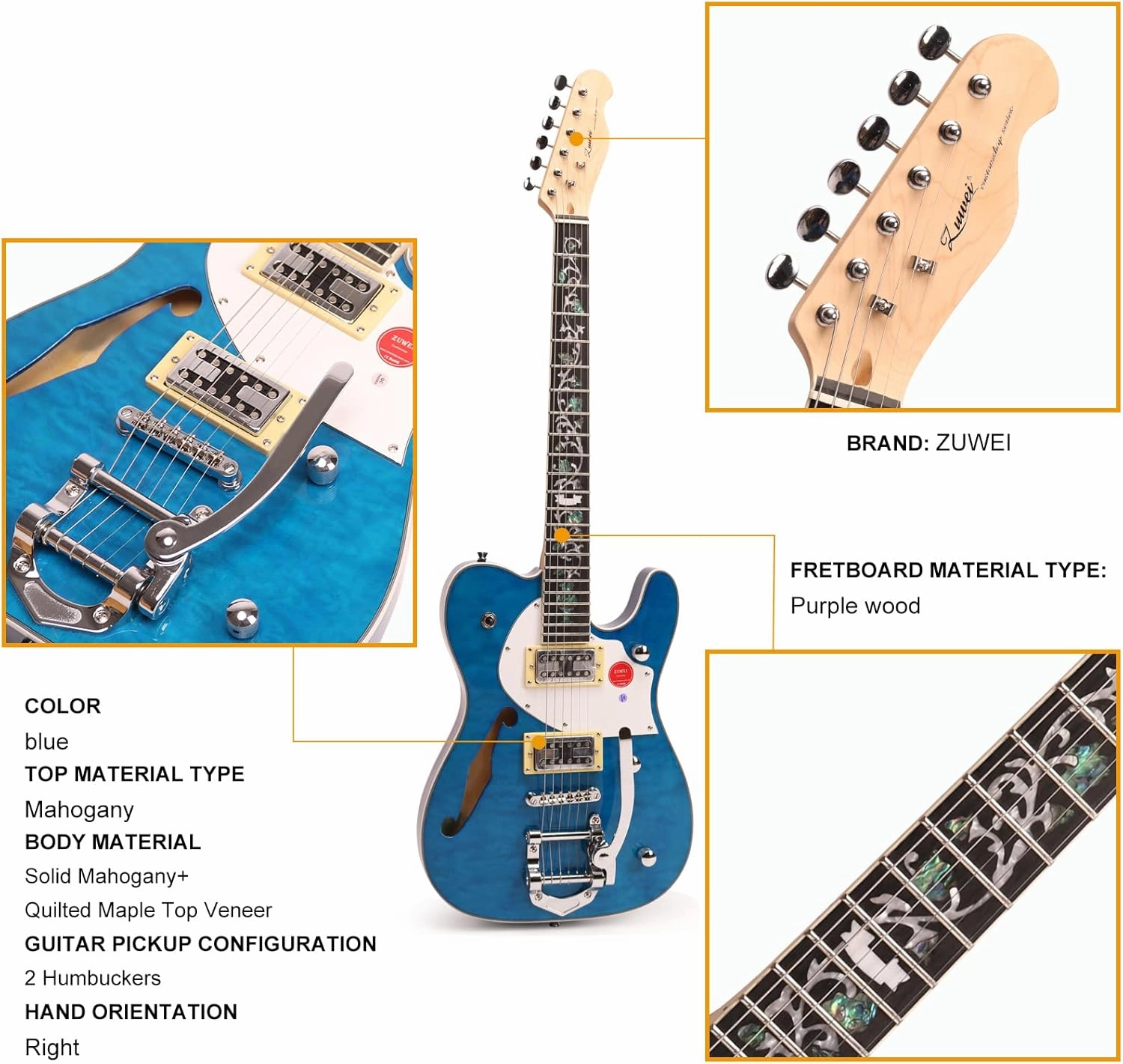 Semi Hollow Body Electric Guitar,TL Series Electric Guitar,3A Quilted Maple Top Veneer,Bridge, Flower Inlay(BULE)