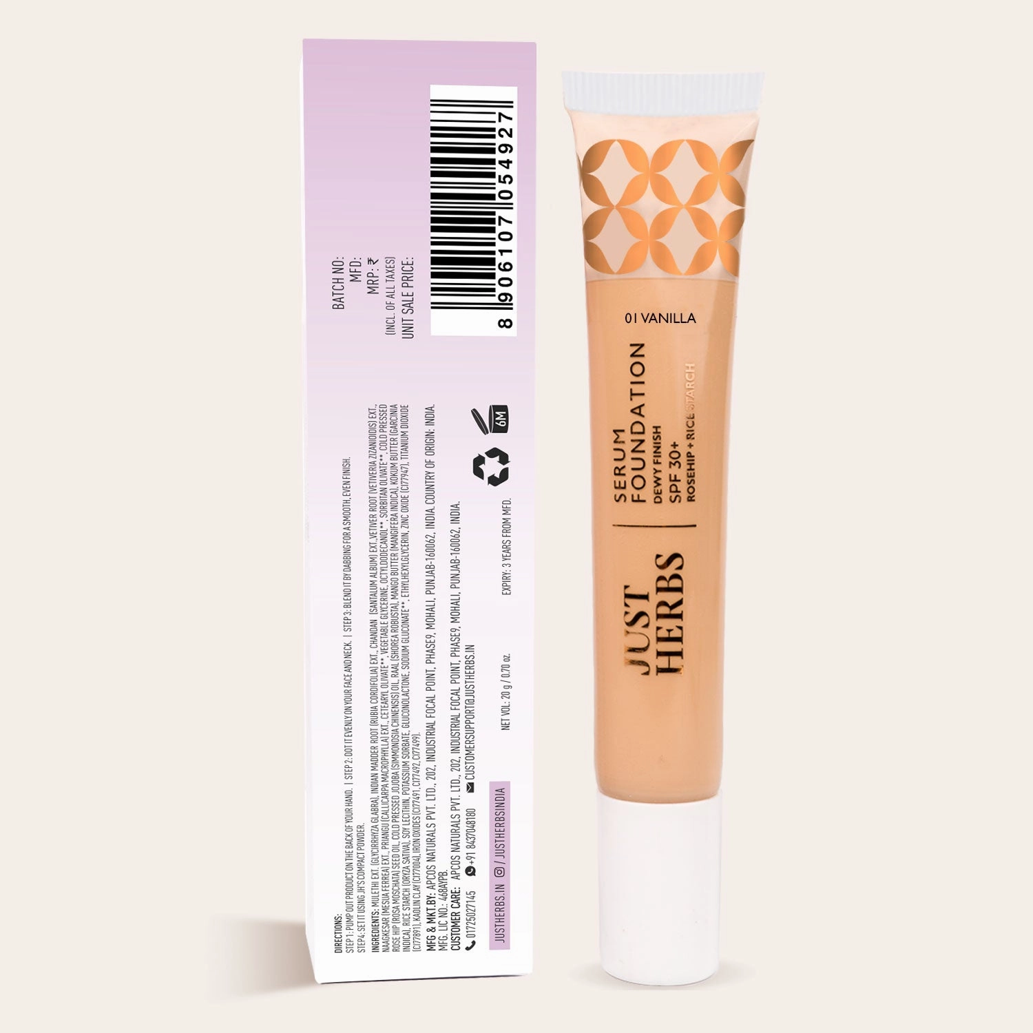 Serum Foundation Dewy Finish SPF30  Tube with Rosehip and Rice Starch - 20 ml