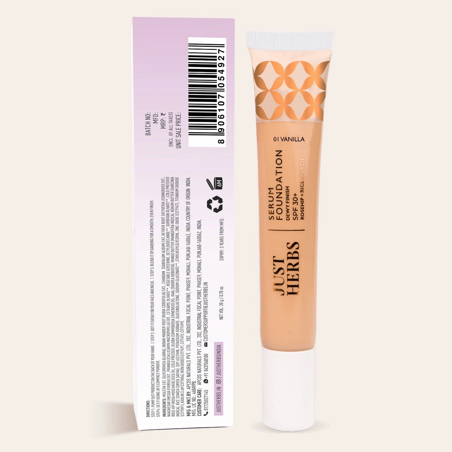 Serum Foundation Dewy Finish SPF30  Tube with Rosehip and Rice Starch - 20 ml