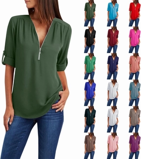 SHAOBGE Women Zipper V Neck Blouse Summer Rolled Up Short Sleeve Shirt Loose Chiffon Tops Casual Solid Half Zip Up Tunics