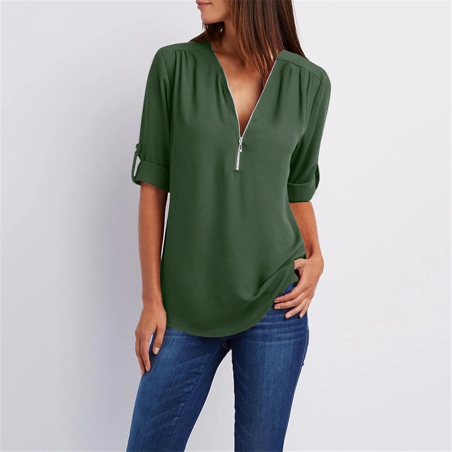 SHAOBGE Women Zipper V Neck Blouse Summer Rolled Up Short Sleeve Shirt Loose Chiffon Tops Casual Solid Half Zip Up Tunics