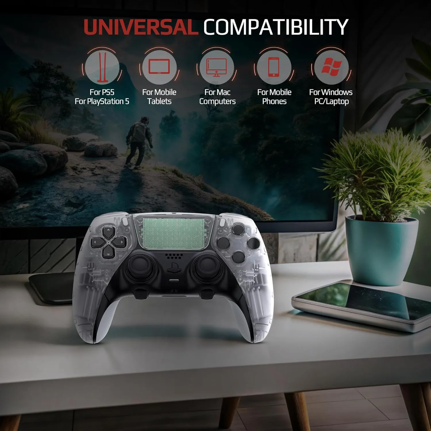 Silent Modz Edge Custom Controllers Compatible with PS5, PC & Mobile Gaming - Unique Design Wireless Gaming Controller with Paddles and Trigger Stops, Handcrafted in USA (Clear Soft Touch)