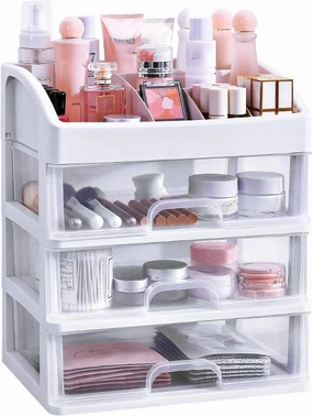 Simbuy Makeup Organizer with 3 Drawers, Bathroom Vanity Countertop Storage for Cosmetics, Brushes, Lotion, Nail Lipstick and Jewelry (White)