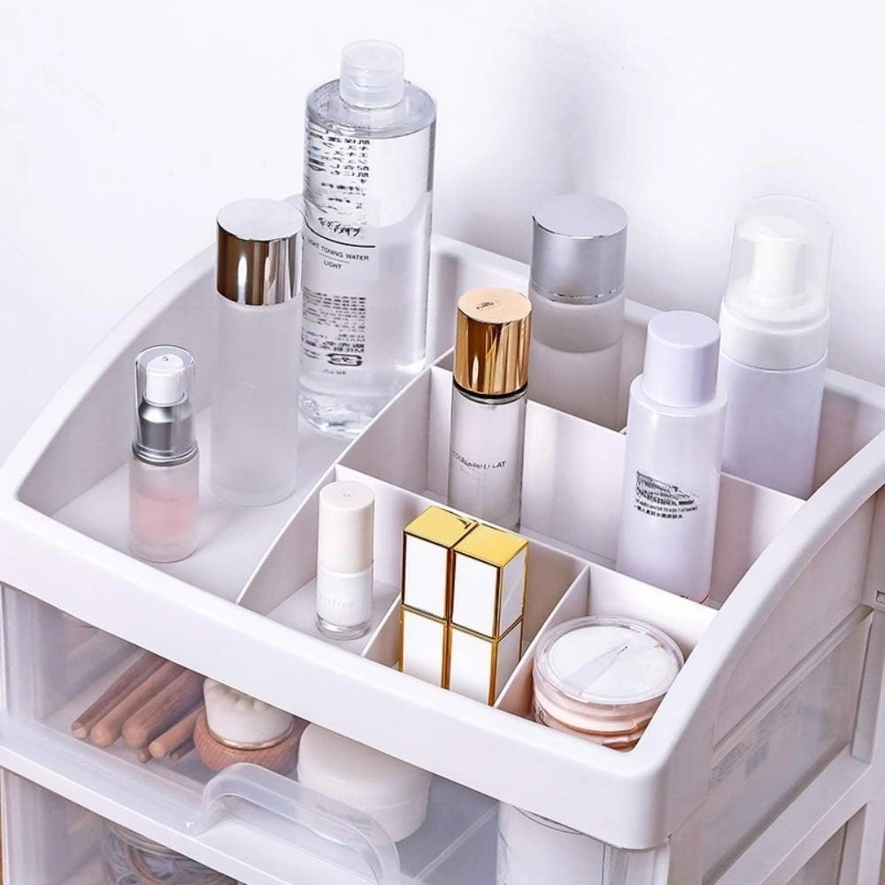 Simbuy Makeup Organizer with 3 Drawers, Bathroom Vanity Countertop Storage for Cosmetics, Brushes, Lotion, Nail Lipstick and Jewelry (White)