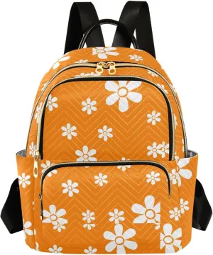 Sinestour White Flower Orange Women Backpack Purse Large Capacity Casual Daypack Leather Handle Travel Work Ladies Backpack