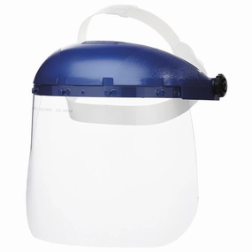 Single Crown Safety Face Shield with Pin-Lock Headgear, Polycarbonate Window, Clear Tint, Sta-Clear Anti-Fog Coating, Blue Crown