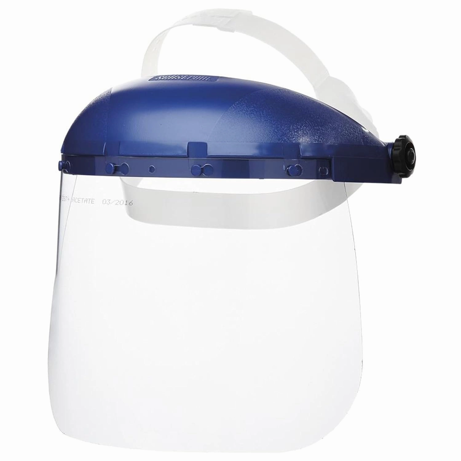Single Crown Safety Face Shield with Pin-Lock Headgear, Polycarbonate Window, Clear Tint, Sta-Clear Anti-Fog Coating, Blue Crown
