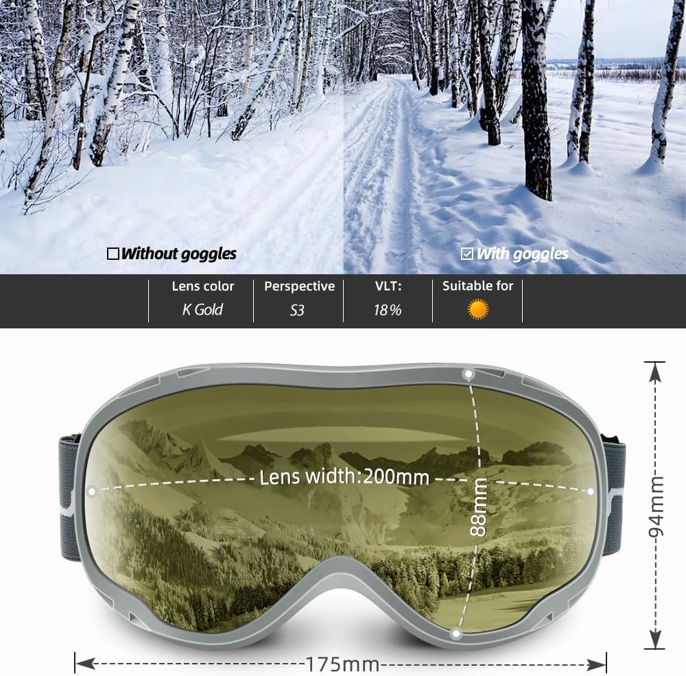 Ski Goggles Over Glasses-Ski Snowboard Snowmobile Goggles for Men Women Adult, Anti Fog 100% UV Protection