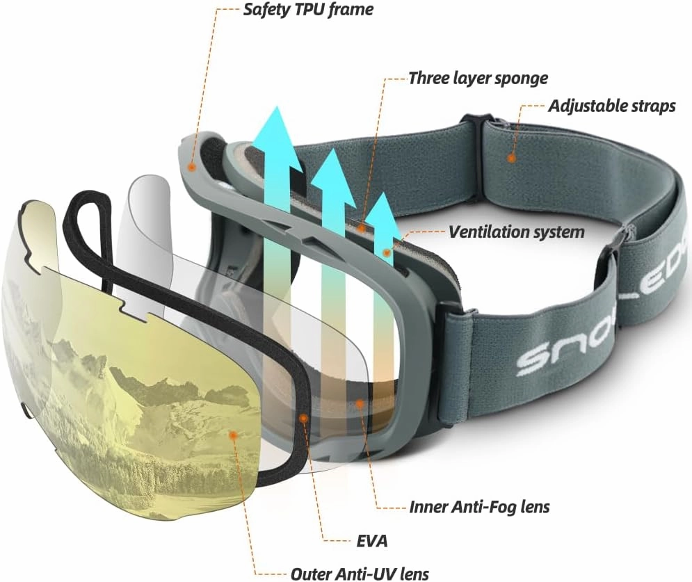 Ski Goggles Over Glasses-Ski Snowboard Snowmobile Goggles for Men Women Adult, Anti Fog 100% UV Protection