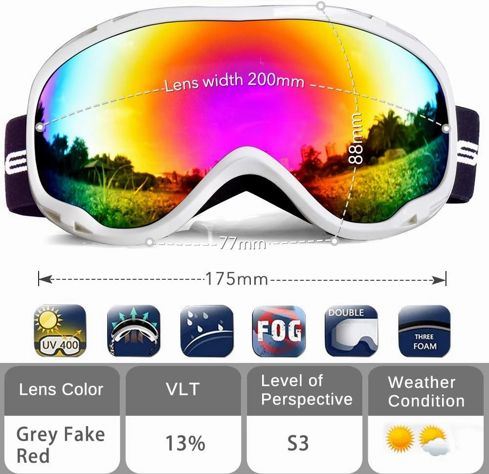 Ski Goggles Over Glasses-Ski Snowboard Snowmobile Goggles for Men Women Adult, Anti Fog 100% UV Protection