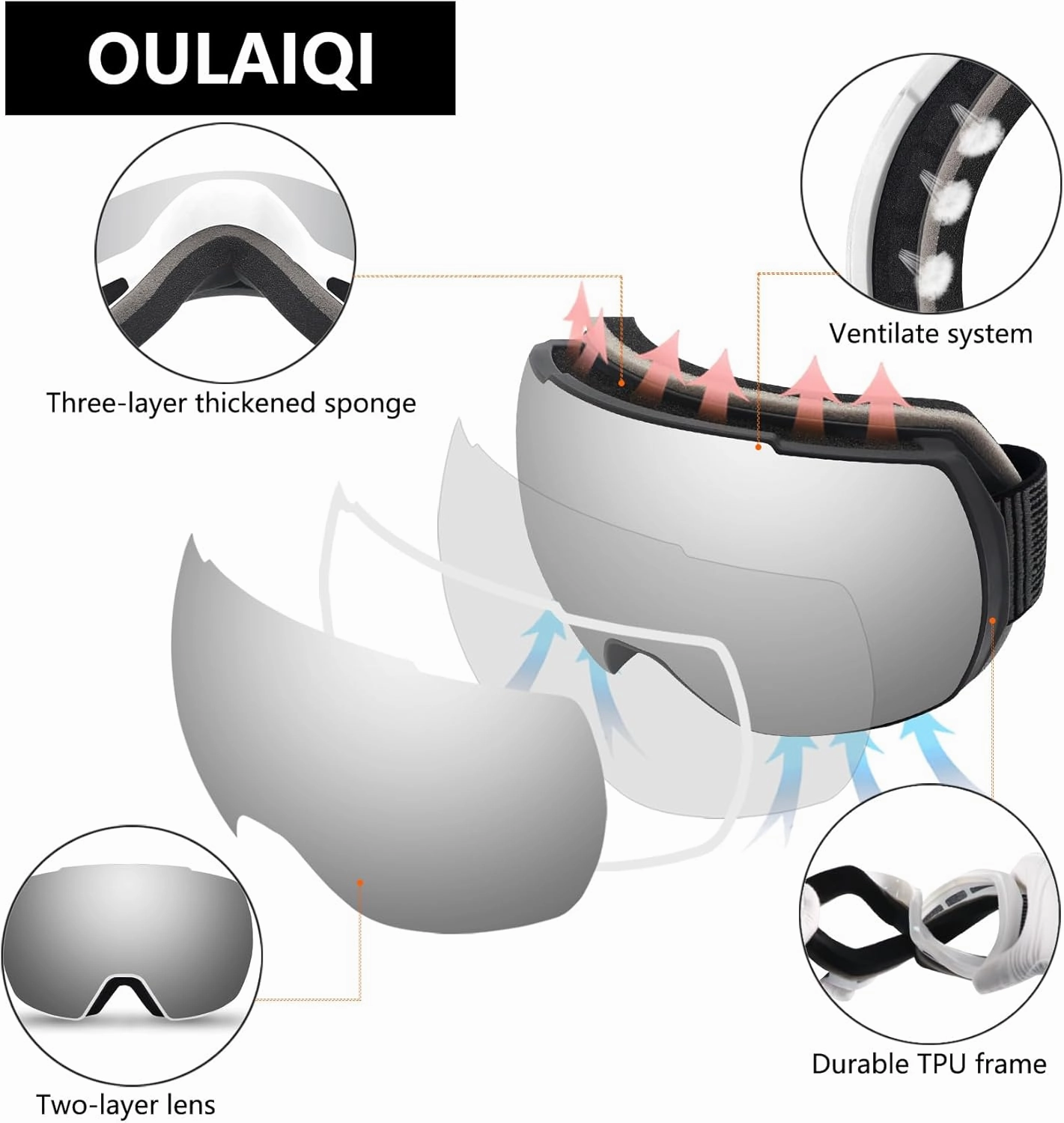 Ski Snow Goggles,OTG UV400 Protection,Anti Fog Skiing,Skating,Snowboarding,Snowboard Goggles For Men Women Youth