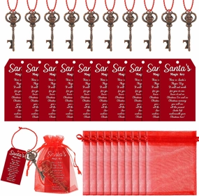 Sliner 10 Set Christmas Santa Key Ornament for No Chimney Houses Vintage Metal Skeleton Charm Key with Santa Claus Card and Red Mesh Bag for Christmas Tree (Red)