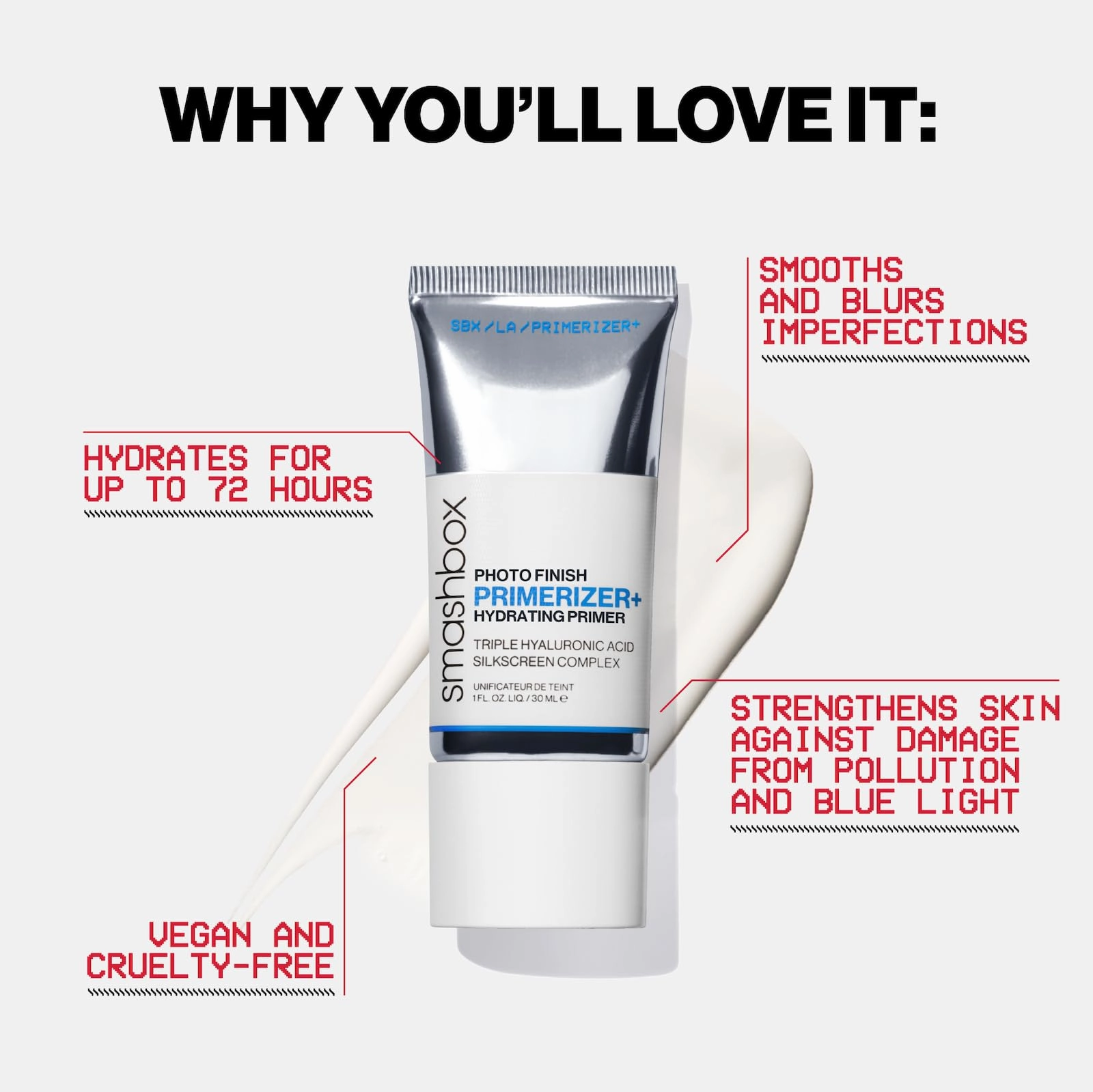 Smashbox Photo Finish Primerizer   Hydrating Primer | Hyaluronic Acid, Long Lasting, Dewy, Vegan   Cruelty Free, 1 Fl Oz