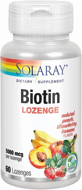 SOLARAY Biotin 5000 mcg | Natural Peach, Strawberry, Banana Flavor | Healthy Hair, Skin & Nails Support | 60 Lozenges