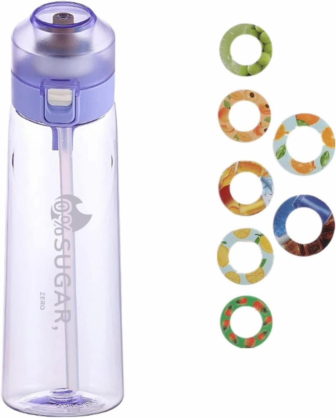 Sports Air Water Bottle Personalised Air Water Bottle 650ml Air Flavoring Sport Water Bottles with Straw, BPA Free, Fruity Extract Ring, Leak Proof Bottles (Purple)