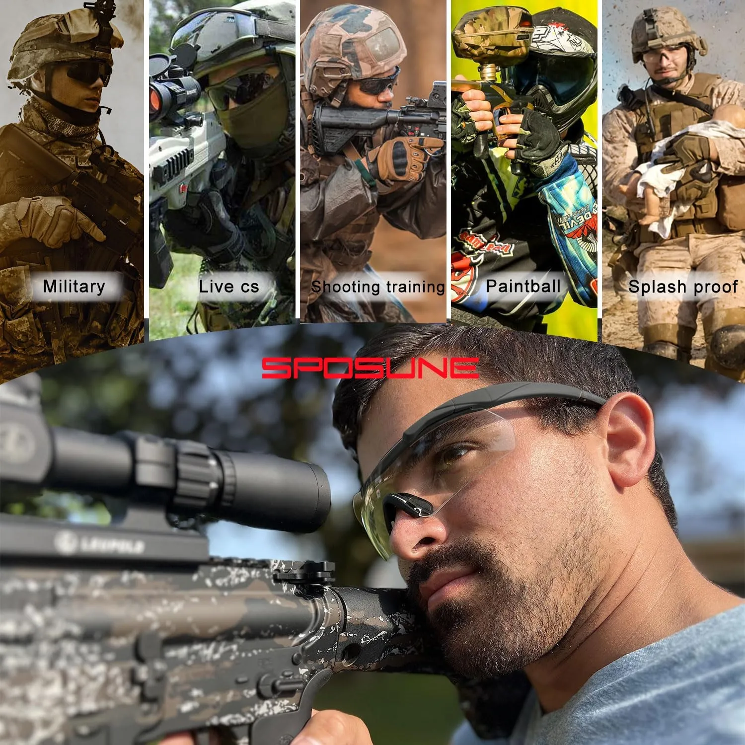 SPOSUNE Shooting Glasses Men with Case, Impact resistance Tactical Glasses with 3 Lens, Anti Fog Safety Glasses for Men Women