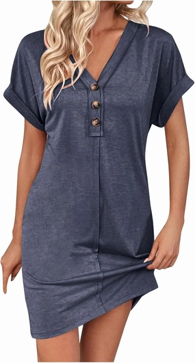 Spring Dresses for Women 2025 Short Sleeve V-Neck Mini Sundress Casual Solid Color Button Summer Tshirt Dress