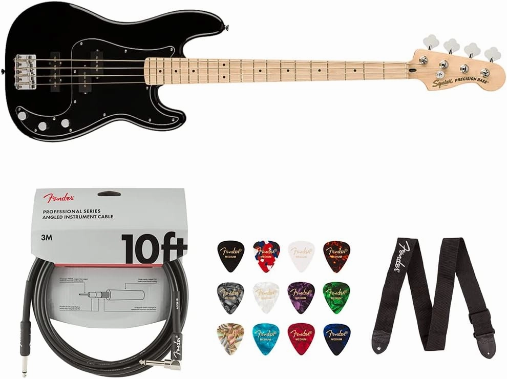 Squier Affinity Series Stratocaster Electric Guitar, Black, Maple Fingerboard Bundle with Fender 10ft Cable (Straight/Straight), Guitar 12-Pack Picks, and 2" Guitar Straps