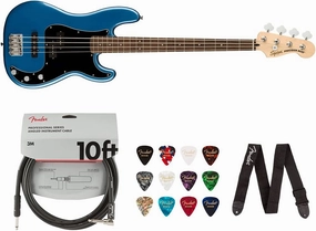 Squier Affinity Series Stratocaster Electric Guitar, Lake Placid Blue, Maple Fingerboard Bundle with Fender 10ft Cable (Straight/Straight), Guitar 12-Pack Picks, and 2" Guitar Straps