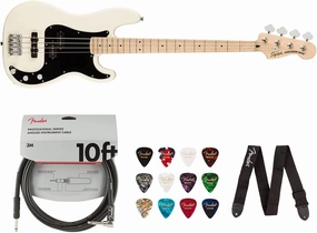 Squier Affinity Series Stratocaster Electric Guitar, Olympic White, Laurel FingerboardBundle with Fender 10ft Cable (Straight/Straight), Guitar 12-Pack Picks, and 2" Guitar Straps