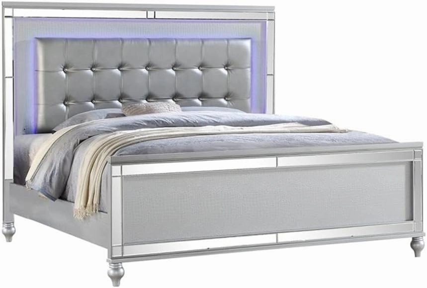 Sterling King Size Upholstery LED Bed Made with Wood in Silver Color