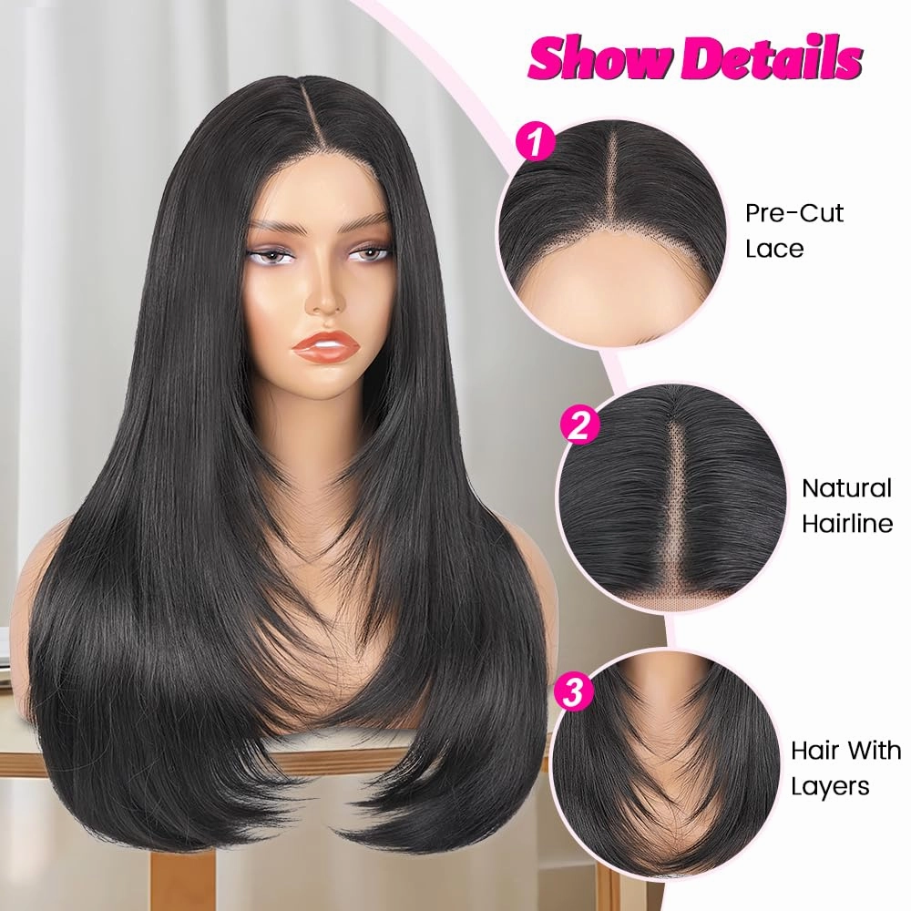 Straight Wear And Go Glueless Wig Synthetic Layered Wigs For Black Women Pre Plucked Pre Cut 4x4 Lace Front Wigs Long Straight Wigs For Daily Use (natural black)