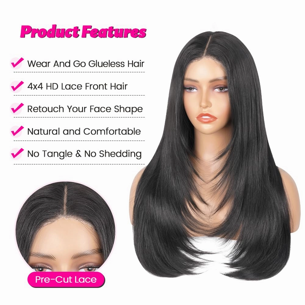 Straight Wear And Go Glueless Wig Synthetic Layered Wigs For Black Women Pre Plucked Pre Cut 4x4 Lace Front Wigs Long Straight Wigs For Daily Use (natural black)