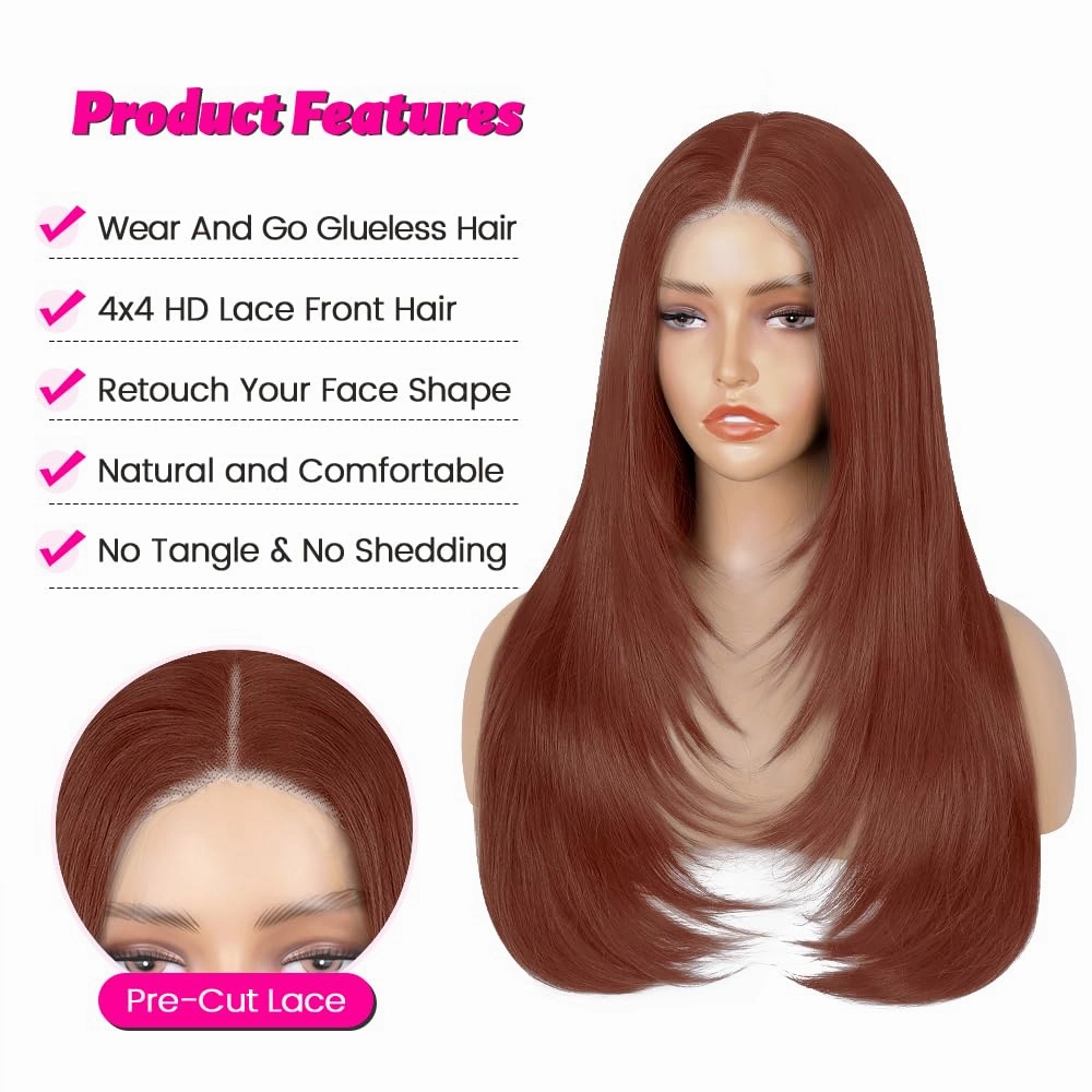 Straight Wear And Go Glueless Wig Synthetic Layered Wigs For Black Women Pre Plucked Pre Cut 4x4 Lace Front Wigs Long Straight Wigs For Daily Use (Reddish Brown Color)