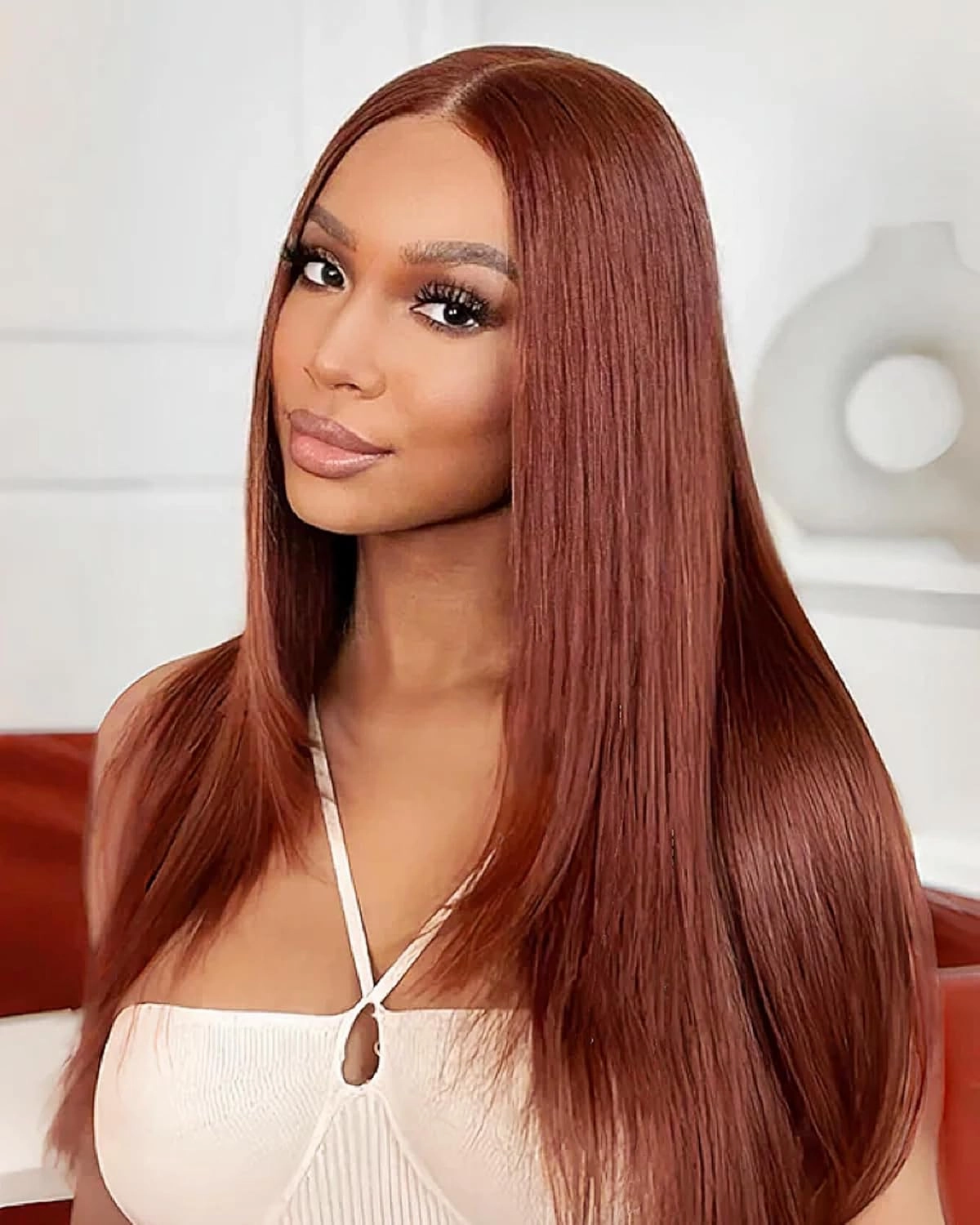Straight Wear And Go Glueless Wig Synthetic Layered Wigs For Black Women Pre Plucked Pre Cut 4x4 Lace Front Wigs Long Straight Wigs For Daily Use (Reddish Brown Color)