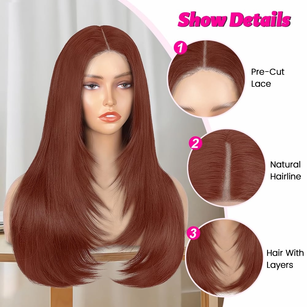 Straight Wear And Go Glueless Wig Synthetic Layered Wigs For Black Women Pre Plucked Pre Cut 4x4 Lace Front Wigs Long Straight Wigs For Daily Use (Reddish Brown Color)