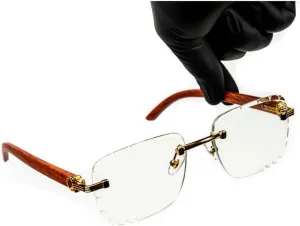 Street Knitted Luxury Red Wood Arm Rimless Clear Tint Gold Frame Square Luxury Woodgrain Frameless Non Prescription Rectangle Eye Glasses Vintage Geometric Clear Lens Hip Hop Glasses For Men Women
