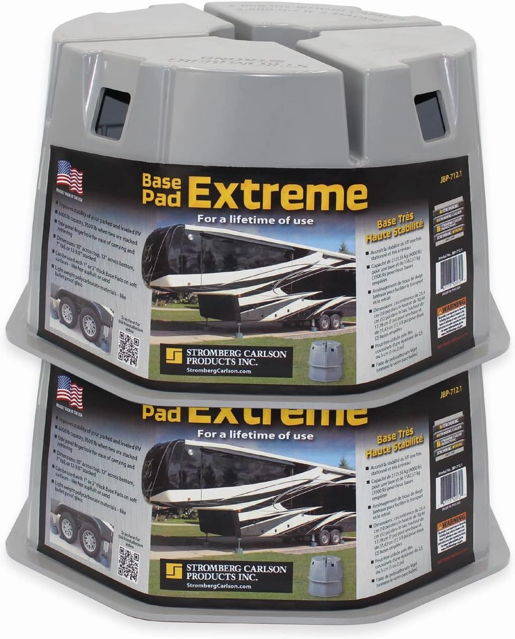 Stromberg Carlson JBP-712.2 Base Pad Extreme - Lightweight Polycarbonate Stabilizer Pads for RVs, Trailers, and Campers, 7" Height, Durable Non-Slip Design, 6000 lbs. Capacity Each, Pack of 2, Gray