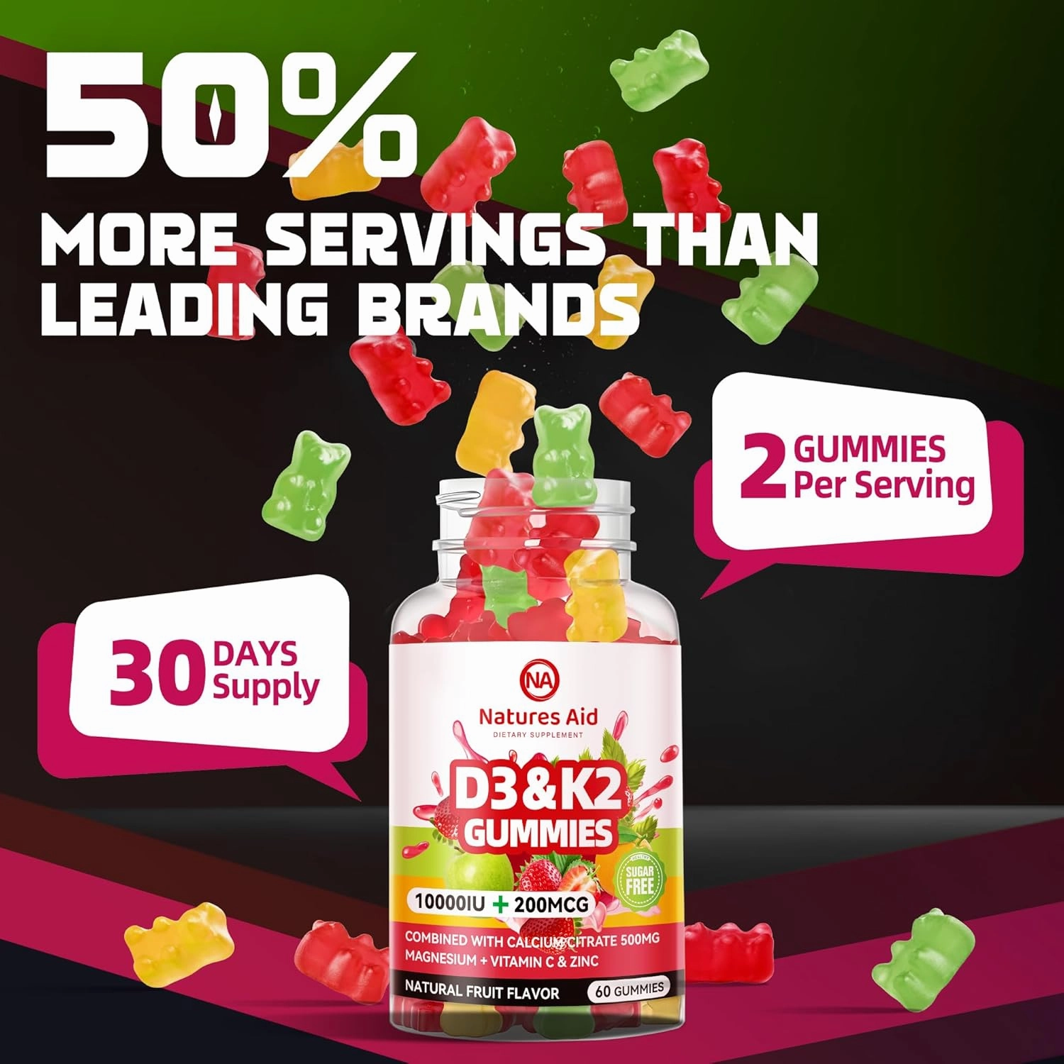Sugar-Free Vitamin D3 K2 Gummies with Calcium   K2 (MK-7), Magnesium Citrate, Vitamin C, Extra Strength - Ultimate Absorption for Bone Muscle Teeth Immune, Vegan - 120 Gummies