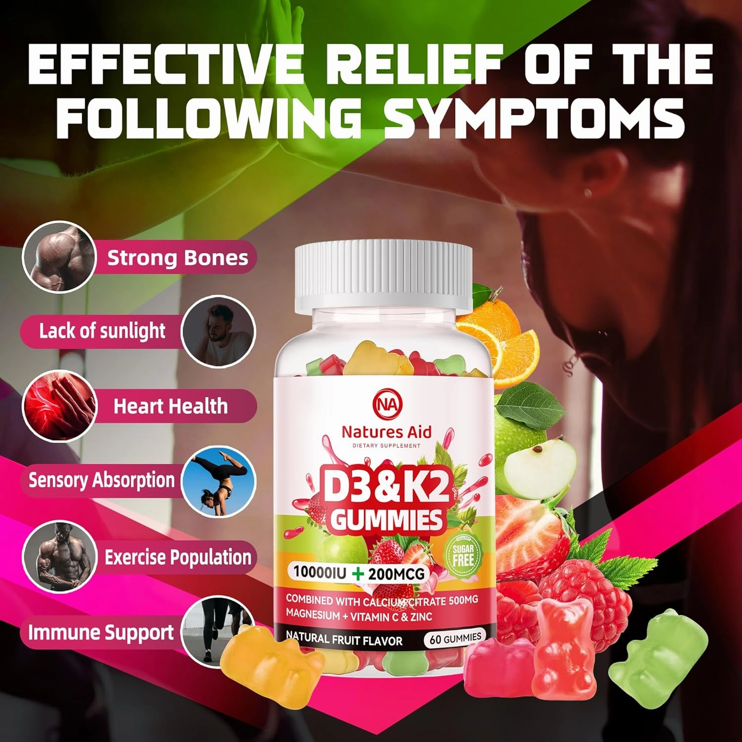 Sugar-Free Vitamin D3 K2 Gummies with Calcium   K2 (MK-7), Magnesium Citrate, Vitamin C, Extra Strength - Ultimate Absorption for Bone Muscle Teeth Immune, Vegan - 120 Gummies