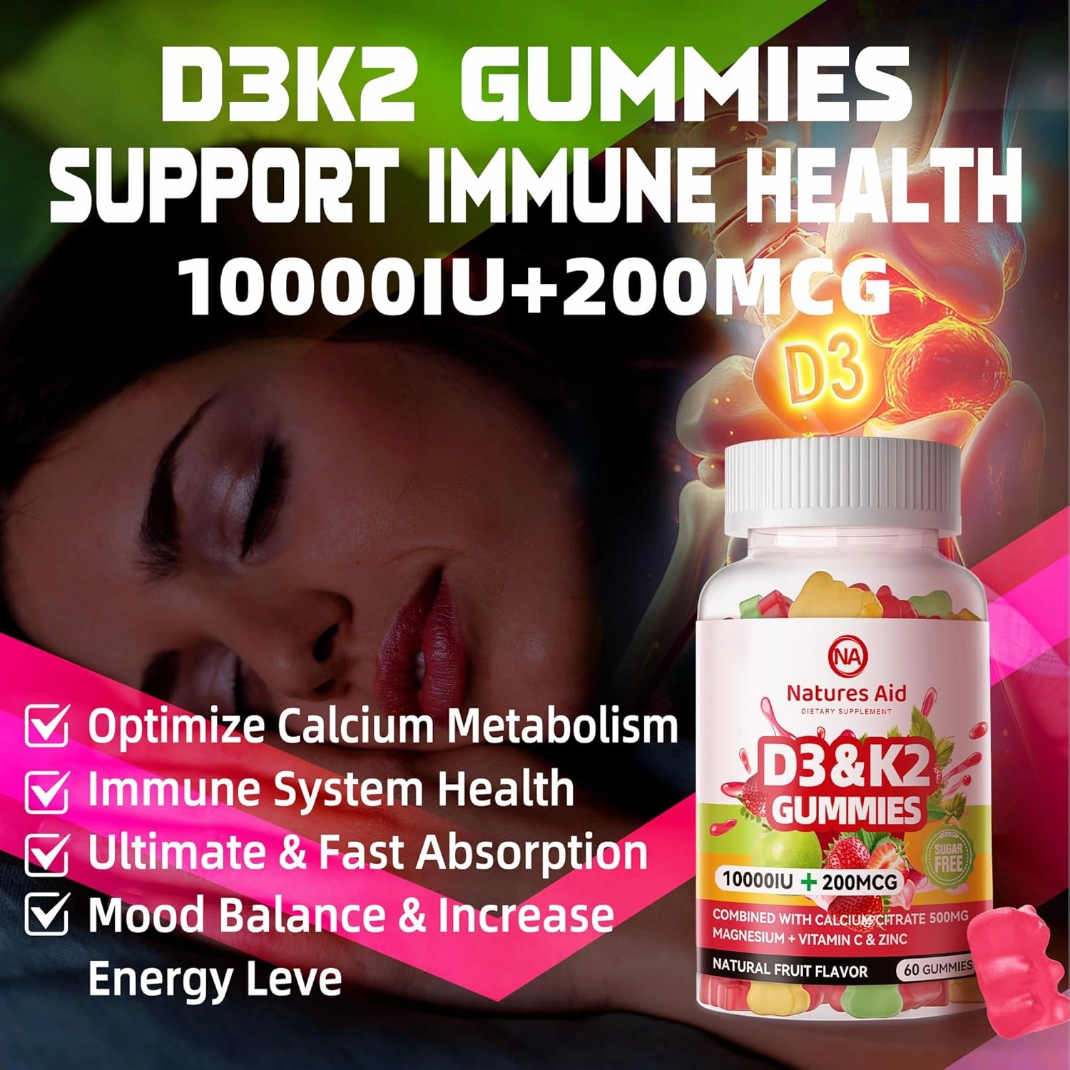 Sugar-Free Vitamin D3 K2 Gummies with Calcium   K2 (MK-7), Magnesium Citrate, Vitamin C, Extra Strength - Ultimate Absorption for Bone Muscle Teeth Immune, Vegan - 120 Gummies