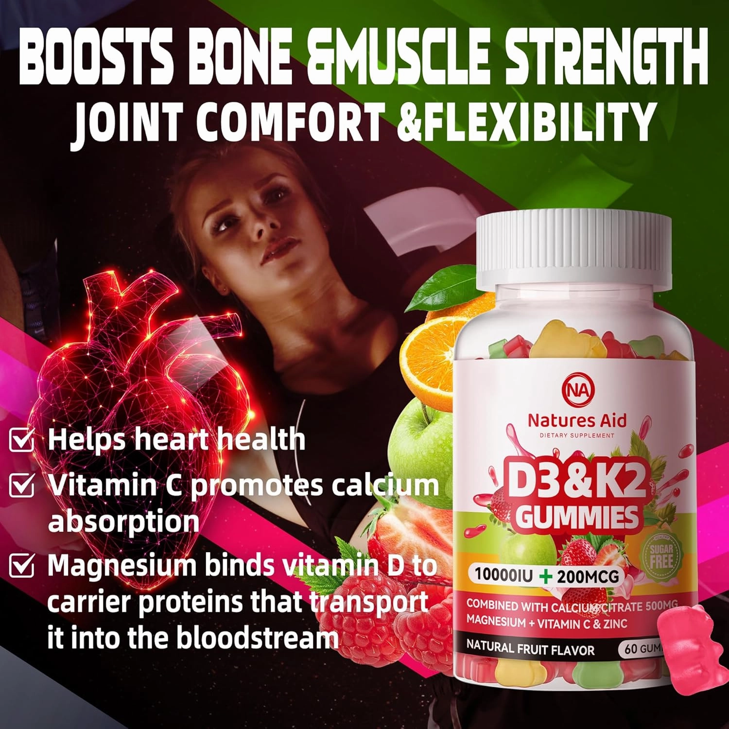 Sugar-Free Vitamin D3 K2 Gummies with Calcium   K2 (MK-7), Magnesium Citrate, Vitamin C, Extra Strength - Ultimate Absorption for Bone Muscle Teeth Immune, Vegan - 120 Gummies
