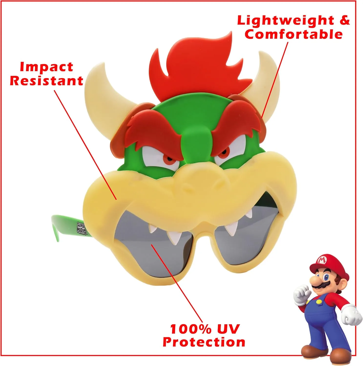 Sun-Staches Super Mario Sunglasses | Nintendo Mario, Luigi, Bowser, Yoshi, or Peach Costume Accessory | One Size Fits Most