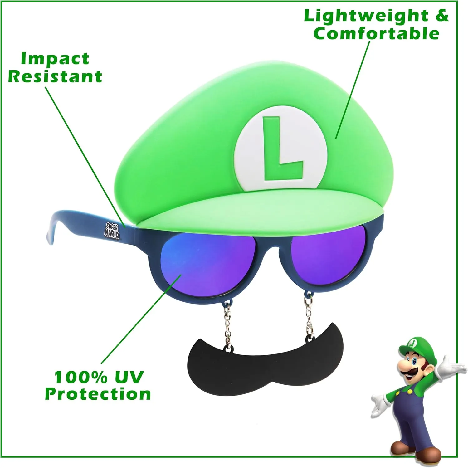 Sun-Staches Super Mario Sunglasses | Nintendo Mario, Luigi, Bowser, Yoshi, or Peach Costume Accessory | One Size Fits Most
